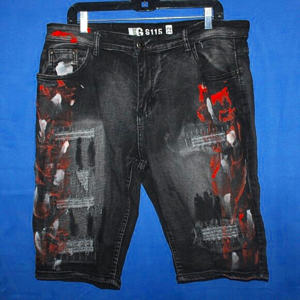 GS115 Painted Distressed Denim Shorts - Men's Size 32 - Black Red White - Street